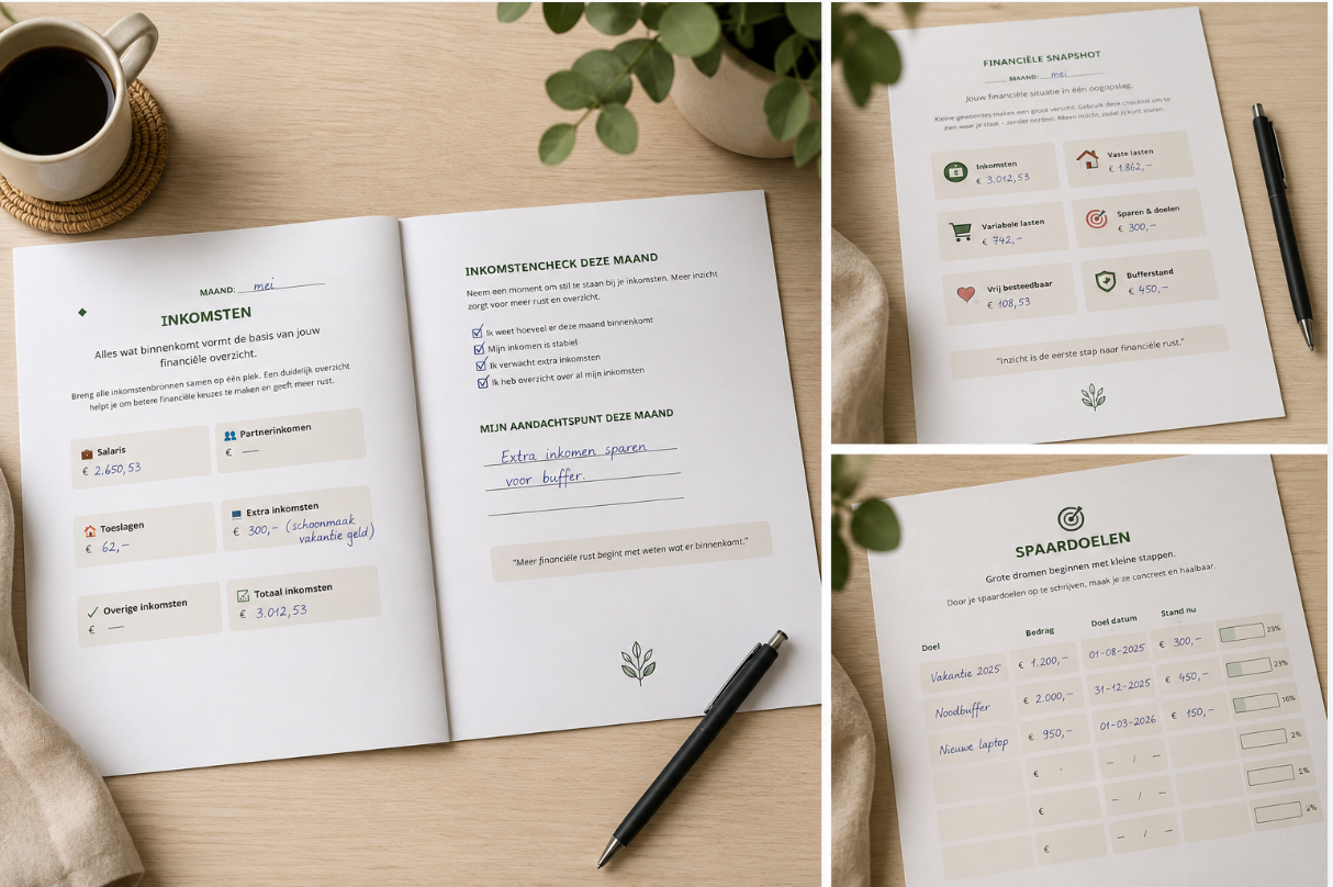 Geprint dashboard met inkomsten, financiële snapshot en spaardoelen